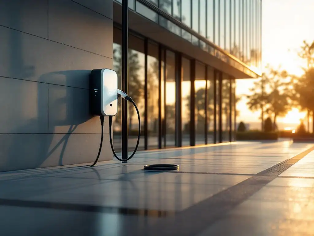 Electric vehicle charging station with cables connecting to modern glass office building, blue LED indicators glowing at sunset.