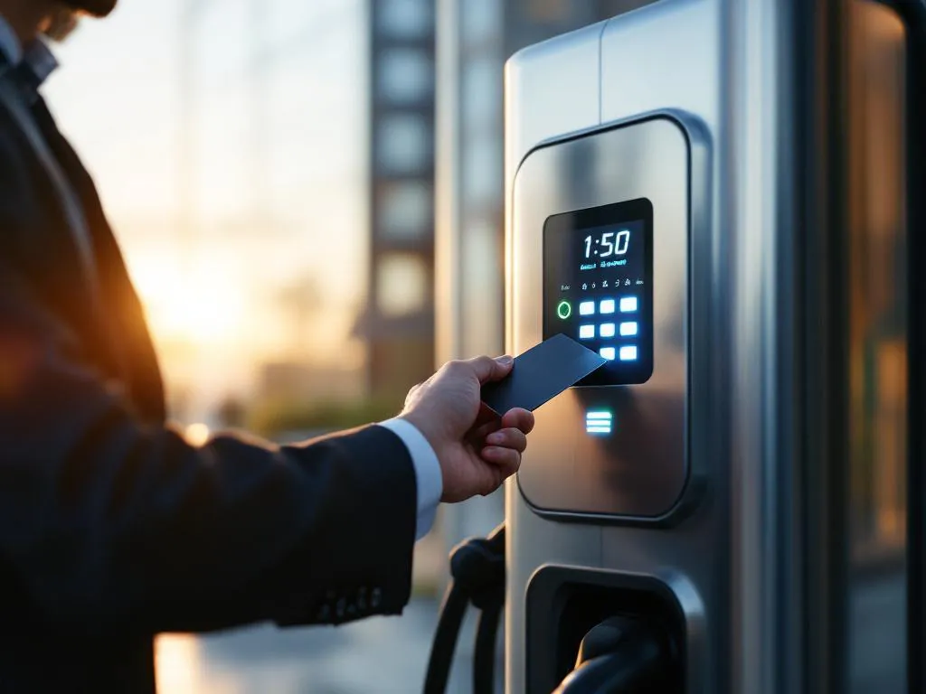Business professional inserting access card into electric vehicle charging station with digital keypad and LED indicators