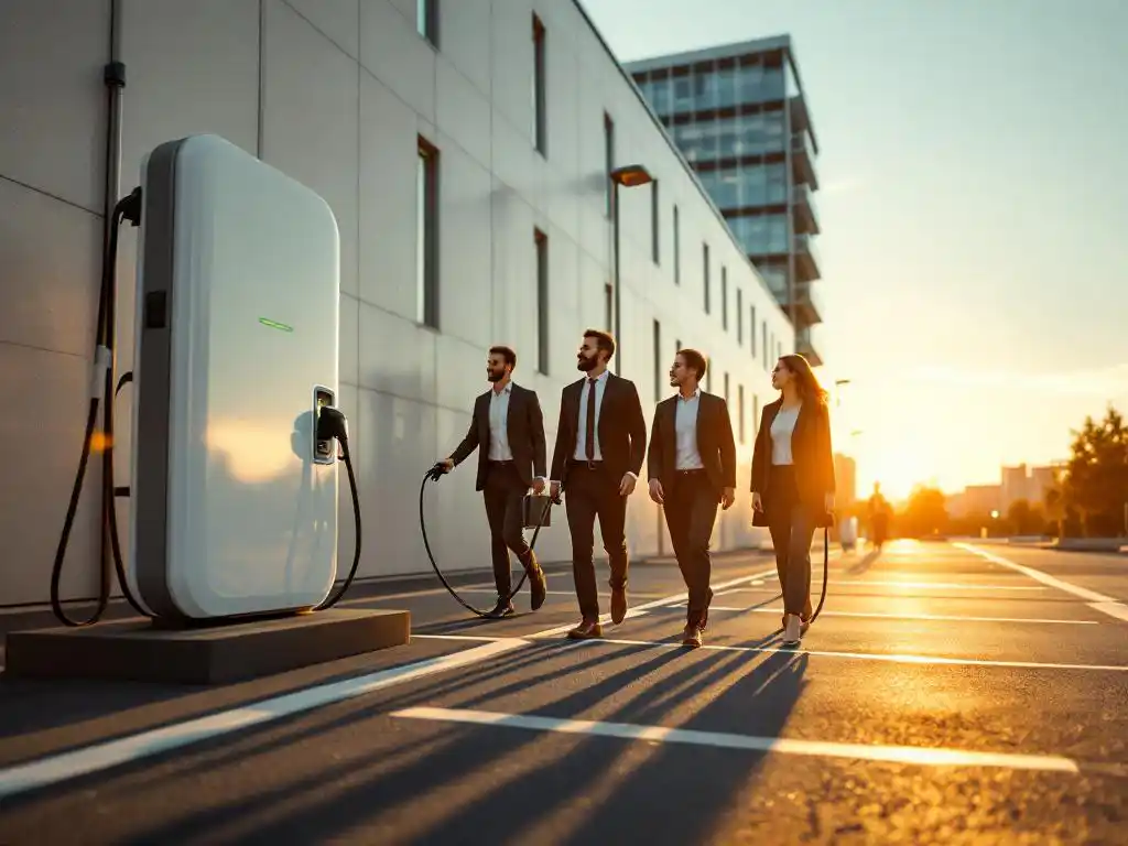 Electric vehicle charging station in corporate car park with diverse business professionals walking towards modern office building at golden hour