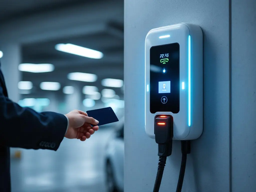 Business professional using security keycard at modern electric vehicle charging station in corporate car park