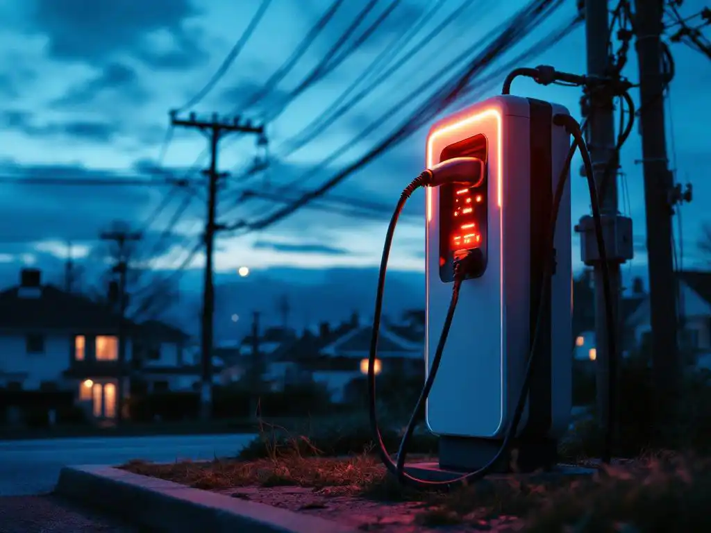 Electric vehicle charging station with power cables and transformer in residential neighbourhood at dusk