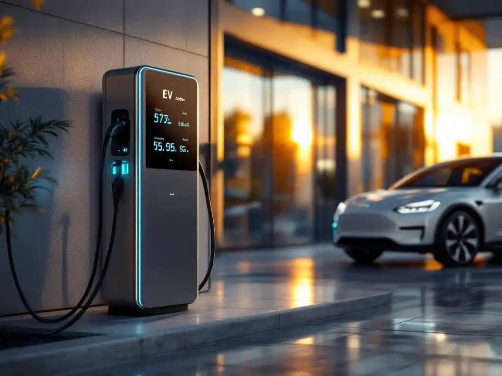 Electric vehicle charging at modern EV station with digital display and blue LED indicators outside office building