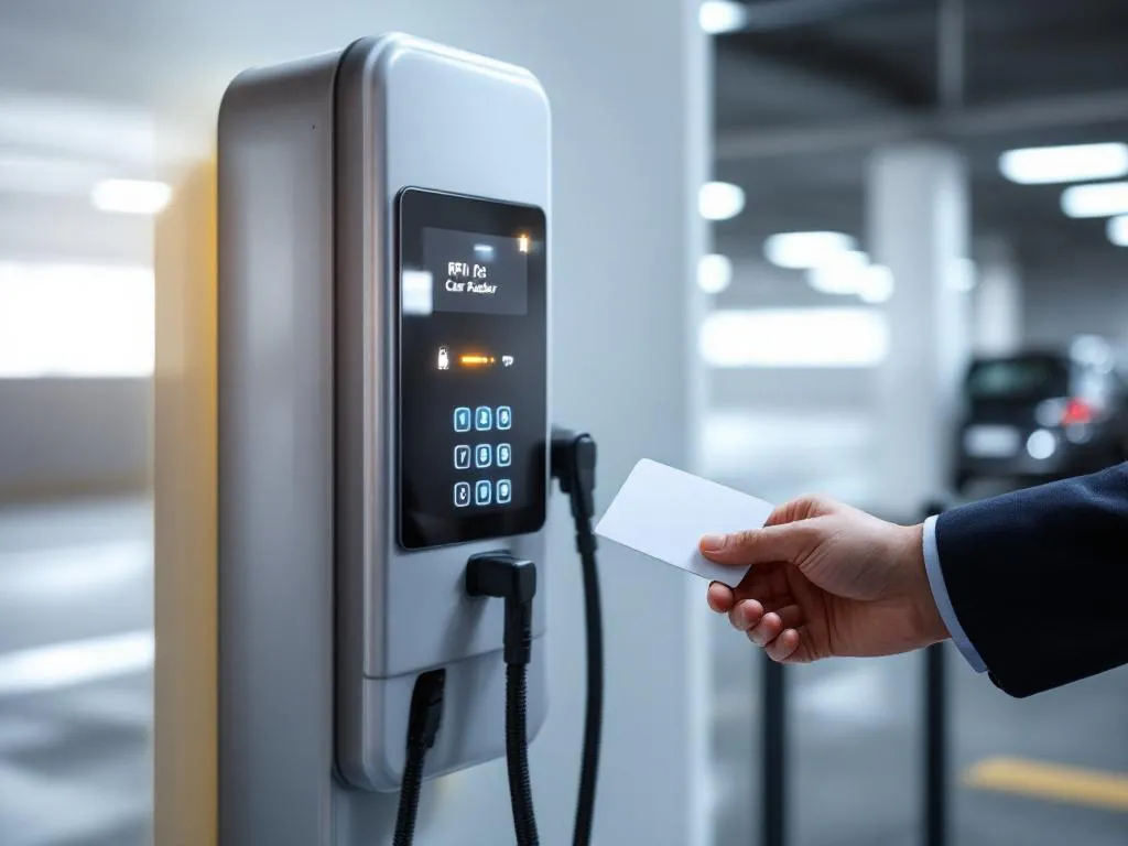 Business person holding white RFID card near EV charging station reader in modern corporate car park