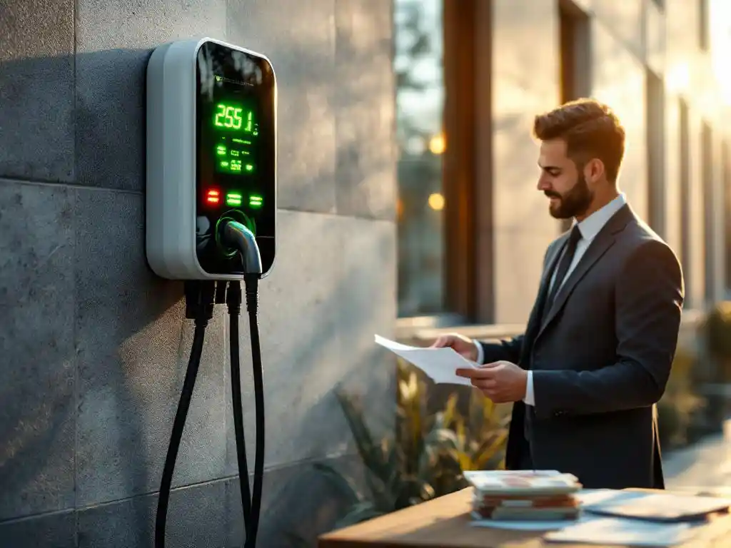 Electric vehicle charging station on office building wall with businessman reviewing government subsidy documents and euro notes