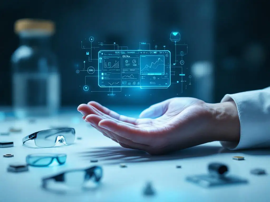 Hand holding holographic tablet with futuristic interface above palm, surrounded by smart contact lenses and quantum tech on lab table
