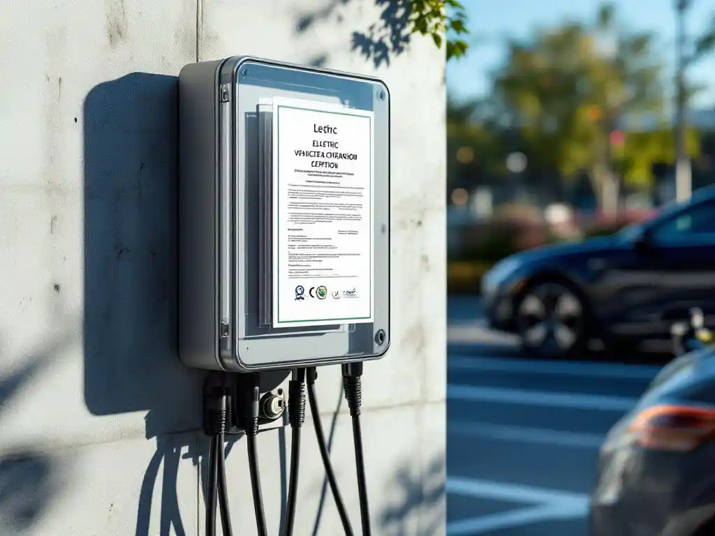 Electric vehicle charging station with permits displayed in protective folder, business car plugged in charging in corporate car park