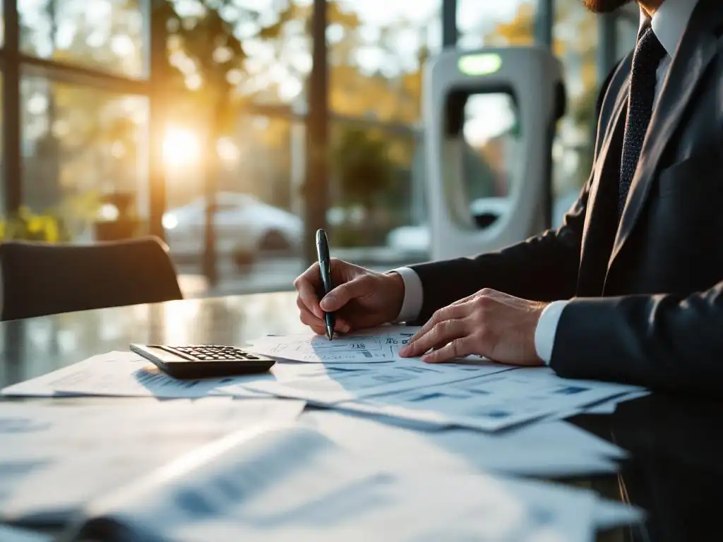 Businessman reviewing maintenance invoices and cost reports at conference table with electric vehicle charging station visible outside