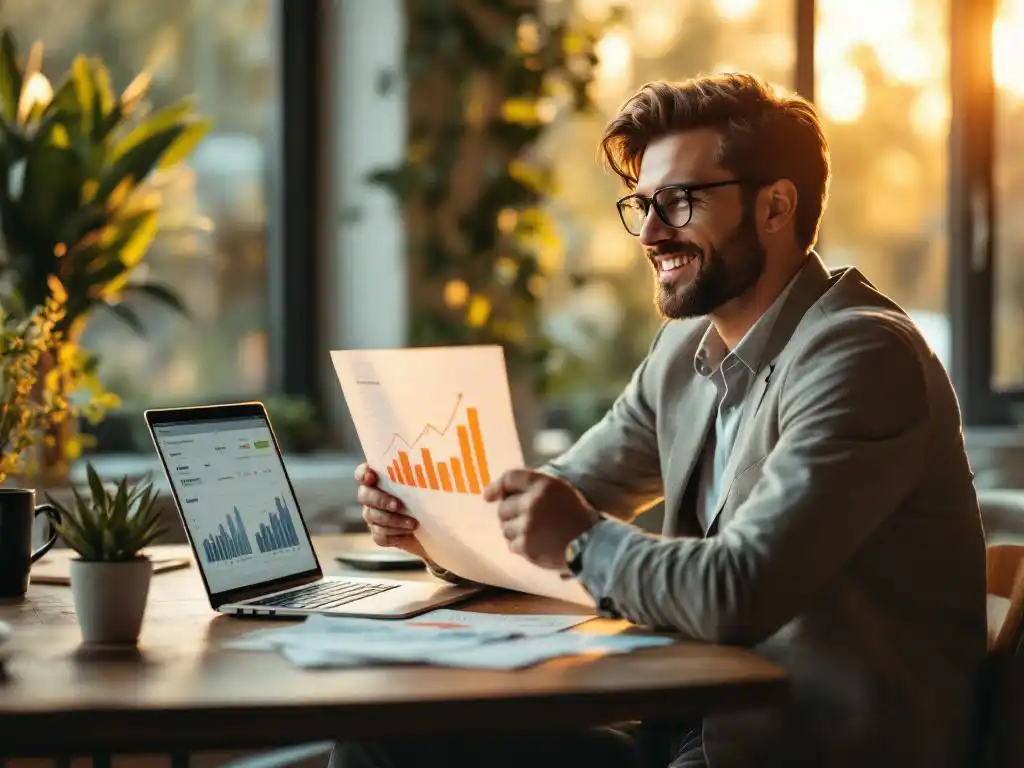 Small business owner reviewing positive financial growth charts at desk with laptop analytics in bright office