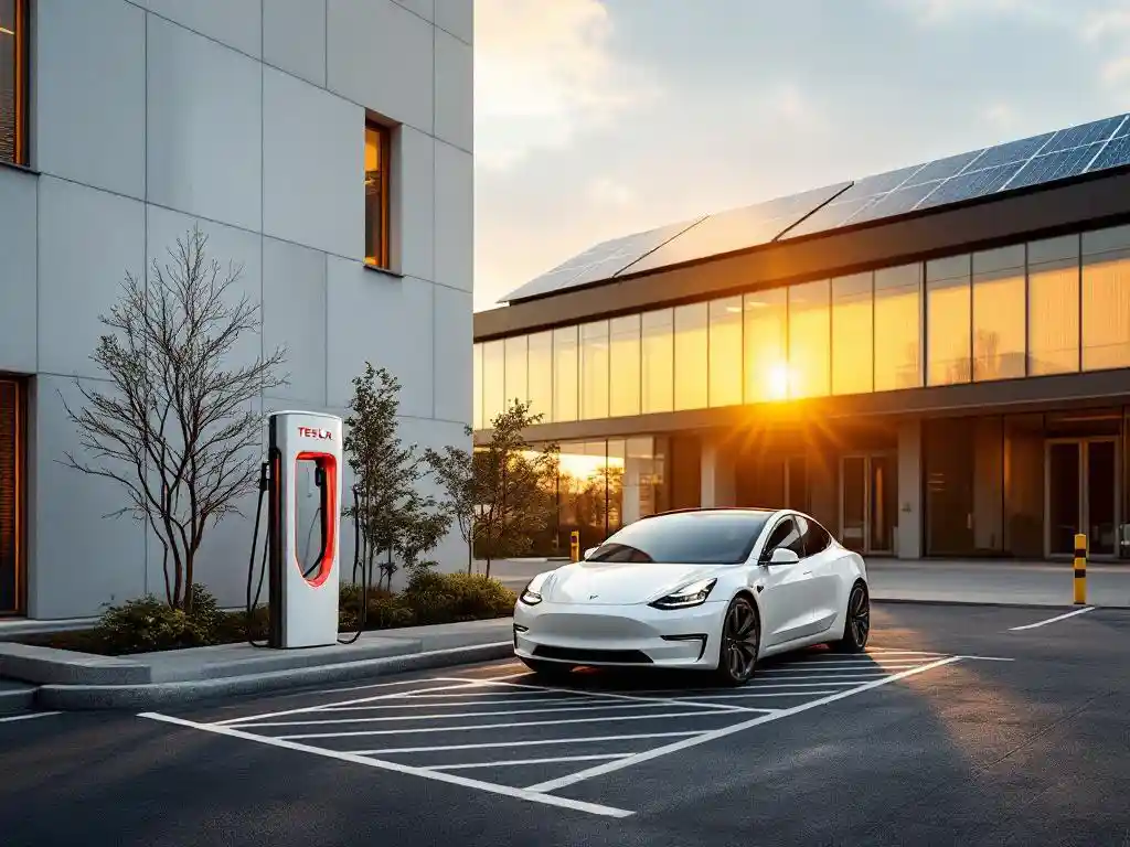 White Tesla charging at electric vehicle station beneath solar panels in modern corporate car park during golden hour