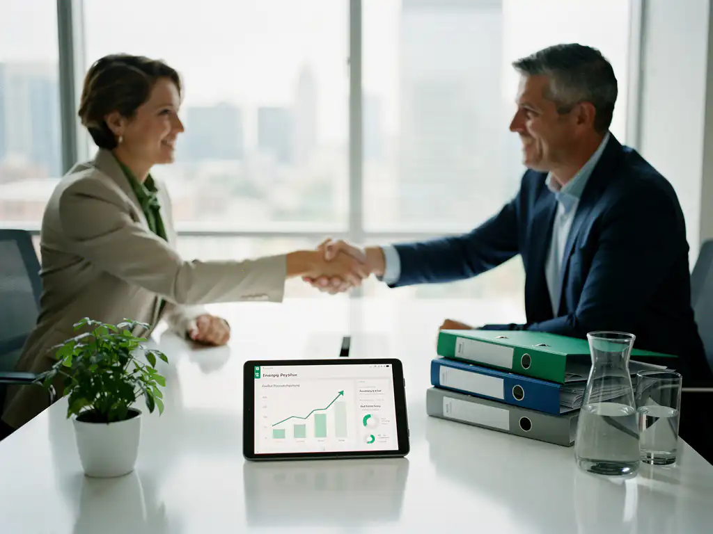 Zakelijke handdruk tussen duurzaamheidsmanager en energieconsultant, tablet met stijgende ESG-prestatiedashboards op tafel.