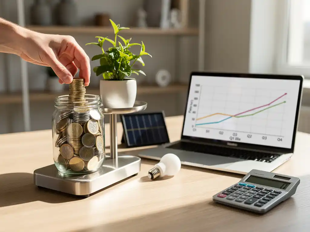 Handen van kleine ondernemer vullen glazen spaarpot met euro’s op weegschaal, laptop, calculator en duurzame gadgets op bureau