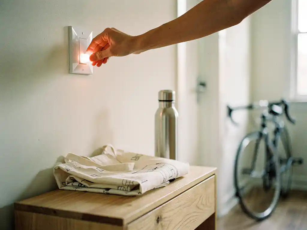 Hand schakelt lichtschakelaar uit boven houten console met herbruikbare tas en drinkfles; fiets wazig op achtergrond, duurzaam wonen.