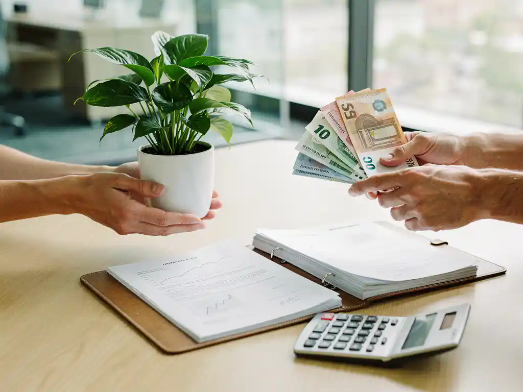 Handen met kleine groene plant en eurobiljetten boven financieringsdossier en rekenmachine op houten bureau, duurzaam investeren