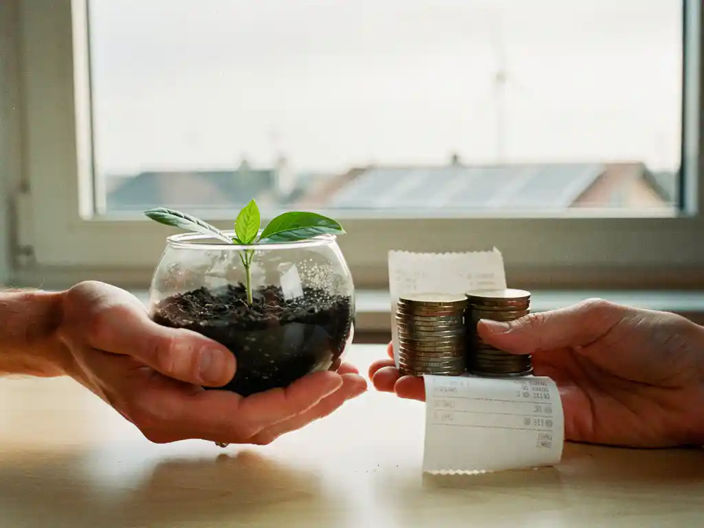 Handen met terrarium en groen zaailing, naast euro’s en ontvangstbewijs, met zonnepanelen en windturbine op de achtergrond
