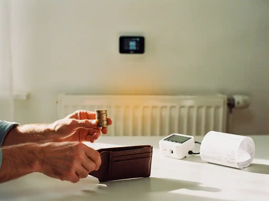Handen met eurocenten boven lege portefeuille, slimme thermostaat en radiator op achtergrond, energierekening op keukentafel