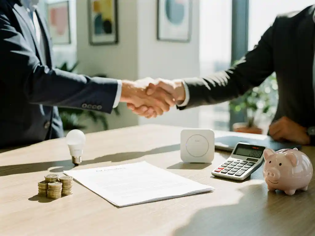 Handdruk tussen ondernemer en energie-efficiëntieconsultant in modern kantoor, contract en ledlamp naast smart thermostat voor besparing