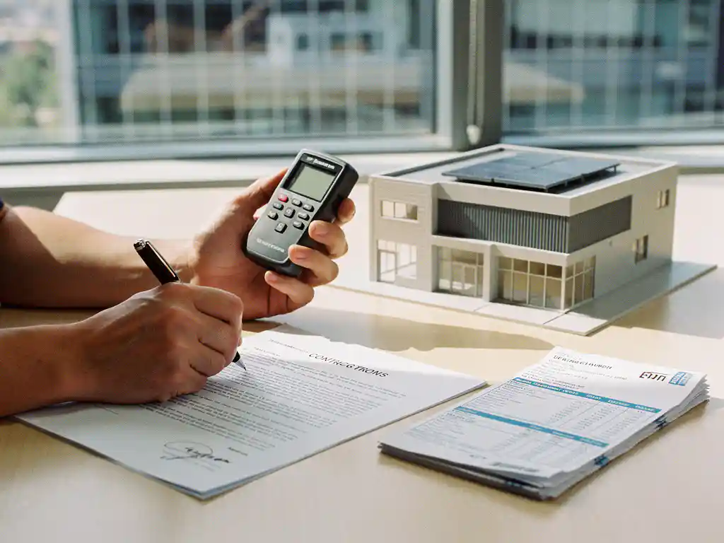 Facility manager ondertekent energiecontract en houdt energiemeter vast, met energiefacturen en modern gebouw op de achtergrond.