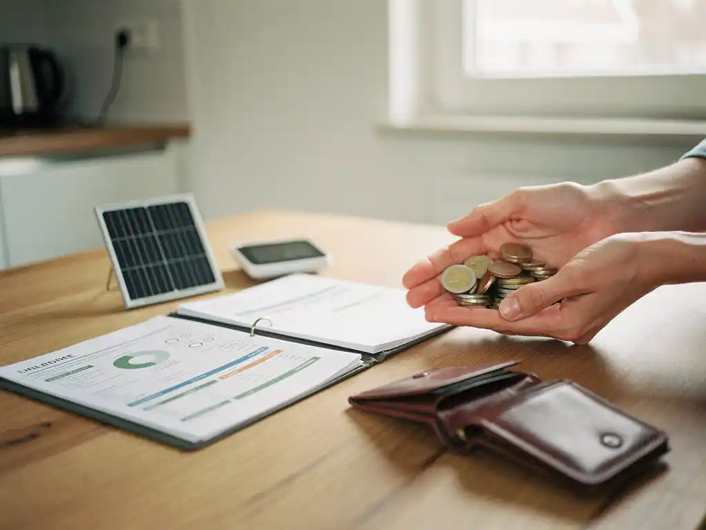Handen met euro’s en lege portefeuille naast energiepapieren, zonnepaneelmodel en slimme thermostaat in Nederlandse keuken.