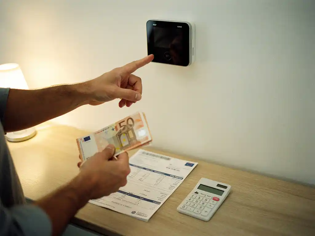 Handen met eurobiljetten wijzen naar slimme thermostaat boven energiefactuur en rekenmachine, warm verlicht op houten tafel.