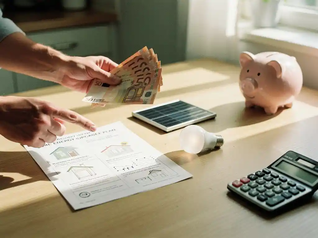 Handen met eurobiljetten naast energie-upgradeplan, mini-zonnepaneel en LED-lamp op keukentafel met spaarvarken en rekenmachine.