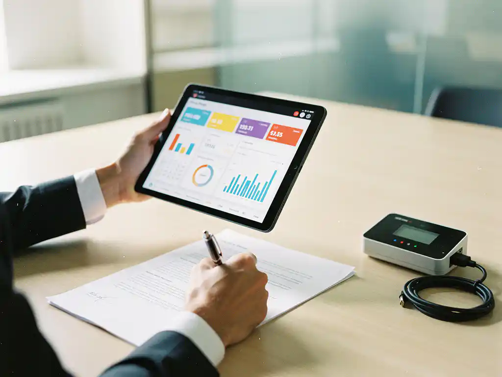 Handen van businessprofessional met tablet met energieverbruikdashboard, contract, slimme meter en laadkabel op bureau
