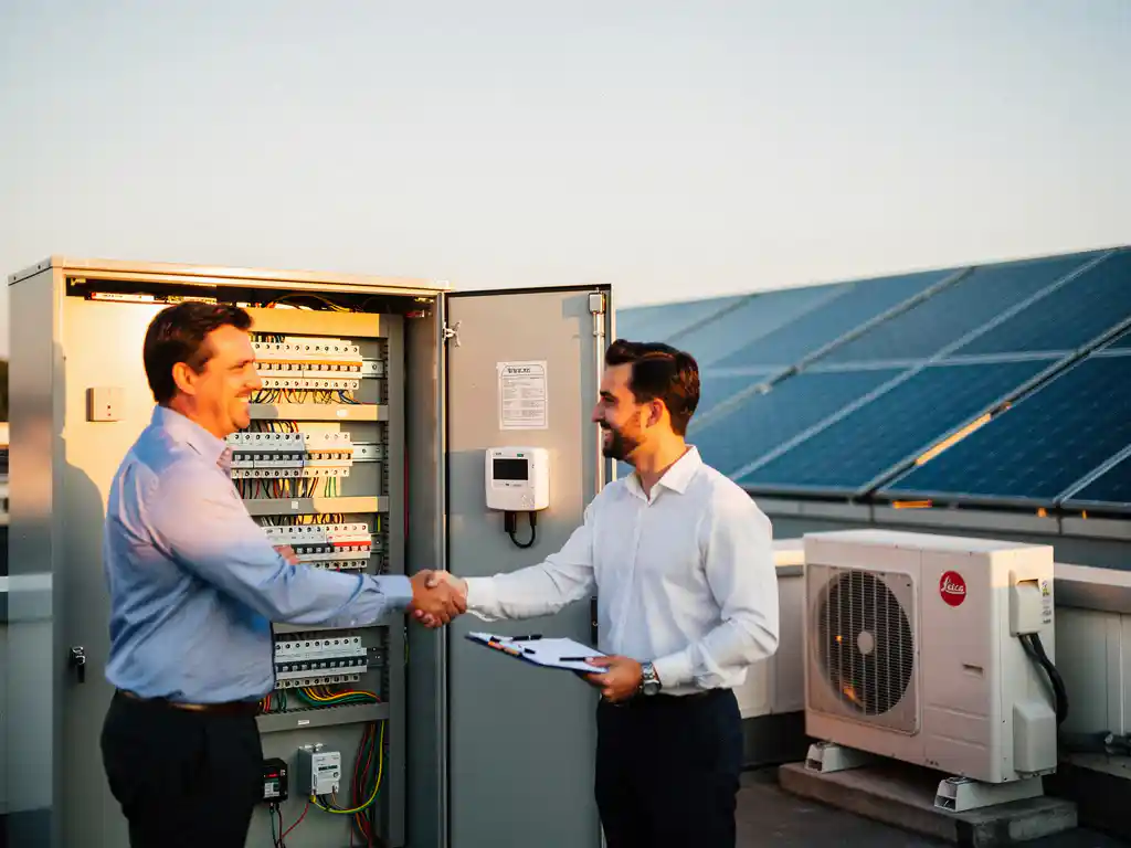 Facility manager en energieconsultant schudden handen bij slimme energiemeter, met zonnepanelen en warmtepomp op het dak