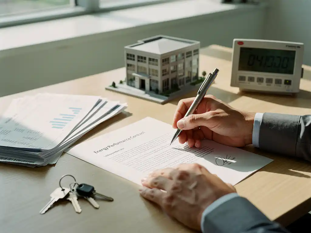 Facility manager ondertekent energieprestatiecontract op bureau met energiemeter, facturen, sleutels en gebouwmodel