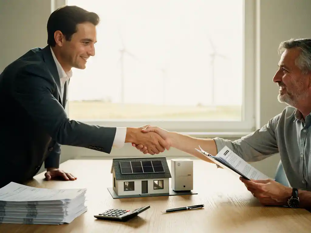 Handshake tussen energieprojectmanager en huiseigenaar bij financiering; modelhuis met zonnepanelen en warmtepomp op bureau.