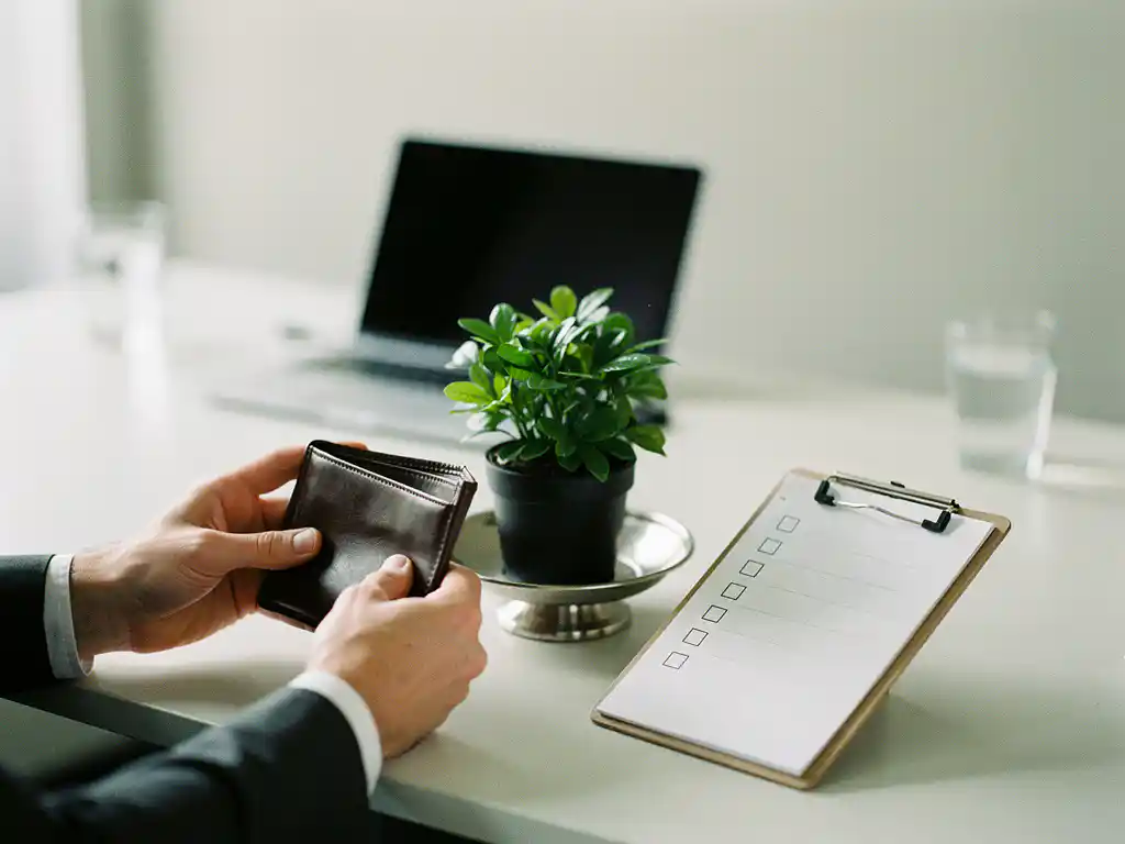 Handen van een professional met lege portemonnee en plantje op bureauschaal naast ESG-checklist op modern bureau.