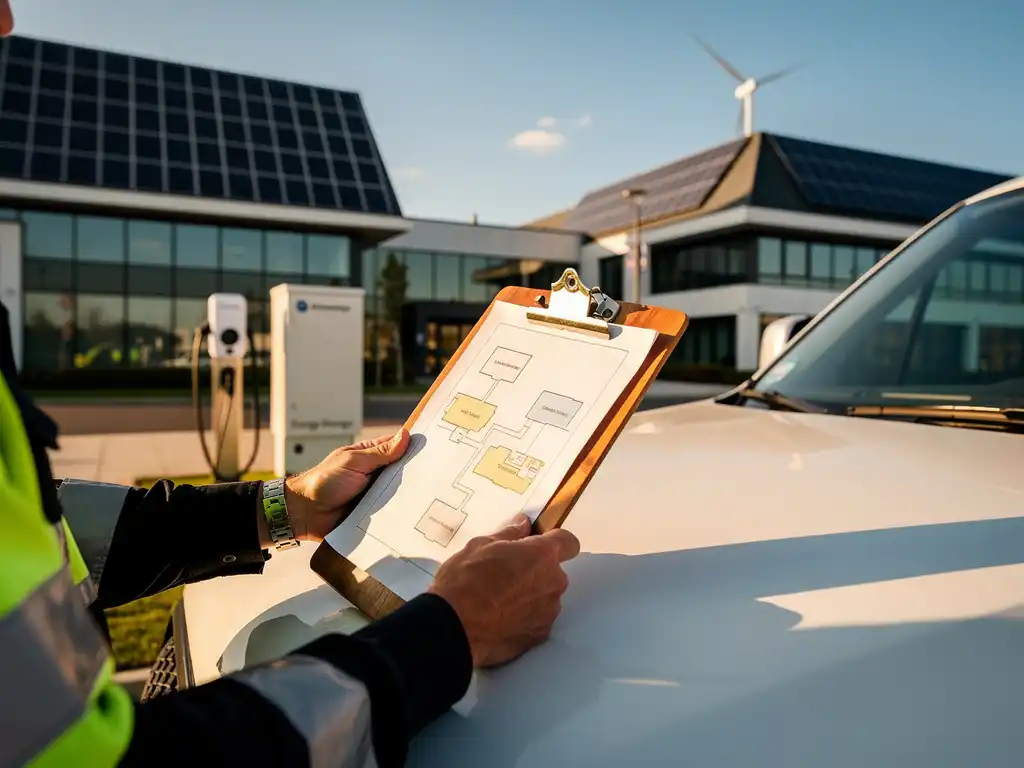 Handen facility manager met clipboard en site map op EV-servicevan in duurzaam businesspark met zonnepanelen, windturbine en laadpaal