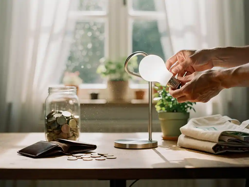 Handen plaatsen LED-lamp in bureaulamp op keukentafel naast lege portemonnee, muntenpot en herbruikbare tas in zonlicht