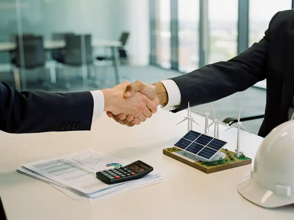 Handdruk over projectfinanciering met wind- en zonne-energiemodel, financiële documenten en helm op tafel in kantoorlicht