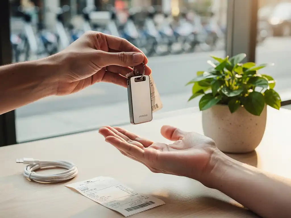 Hand met metalen sleutel-fob en herbruikbare tag op minimalistisch bureau, met plant, bon, laadkabel en deelfietsen buiten