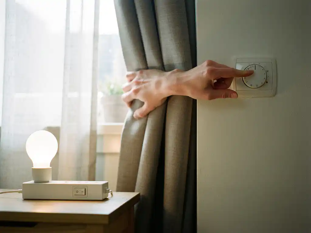 Hand draait thermostaat lager terwijl gordijn sluit, met LED-lamp en stekkerdoos op bijzettafel in NL interieur