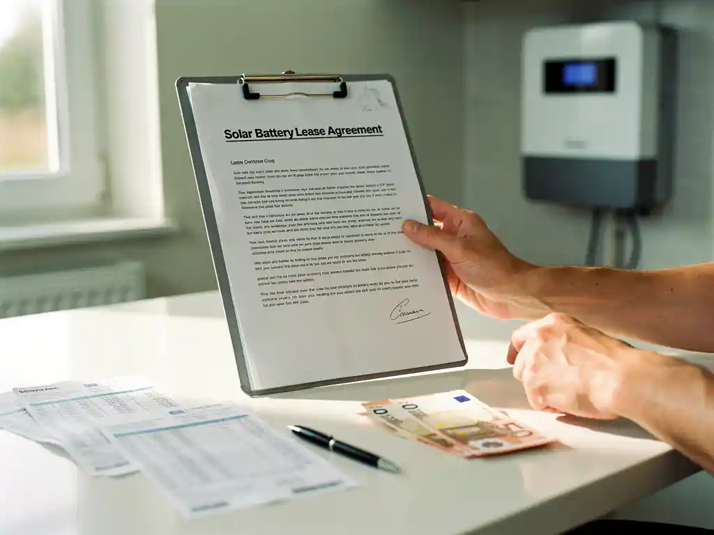 Handen van huiseigenaar met contract voor lease van thuisbatterij en eurobiljetten op tafel, omvormer op achtergrond