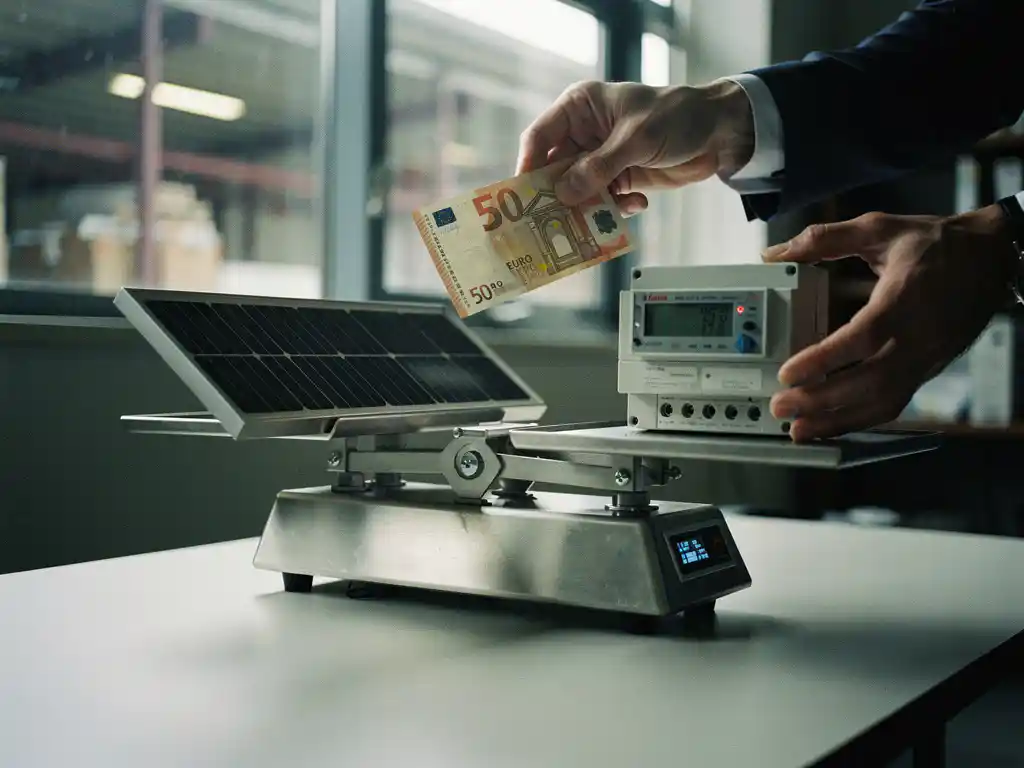 Handen met eurobiljetten boven weegschaal met zonnepaneel en slimme energiemeter op modern bureau, onscherpe loods.