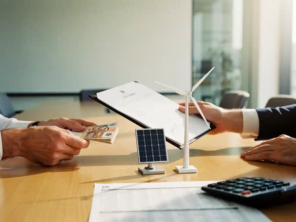 Handen sluiten zonne-energiecontract met eurobiljetten, model zonnepaneel en windturbine op bureau in kantoor