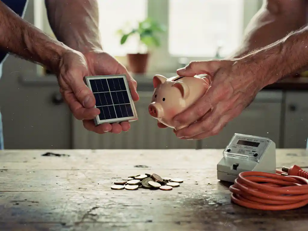 Verweerde handen met klein zonnepaneel en omgekeerde spaarvarken, munten op houten tafel; energiemeter en verlengsnoer.