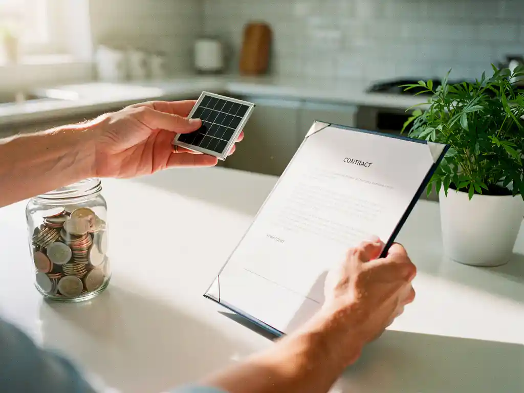 Handen van huiseigenaar met mini-zonnepaneel en contract, eurospaarpot en plant op keukentafel voor duurzame besparing