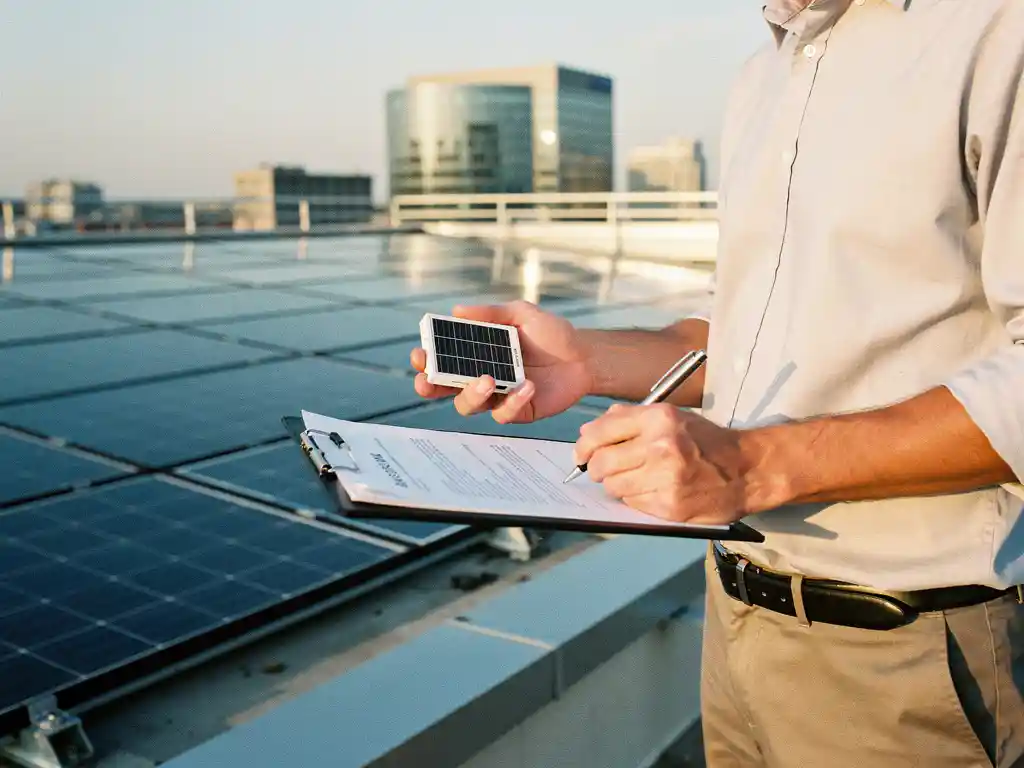 Facility manager tekent zonne-energiecontract op kantoordak, houdt klein zonnepaneel vast, zonnepanelen en stad op achtergrond