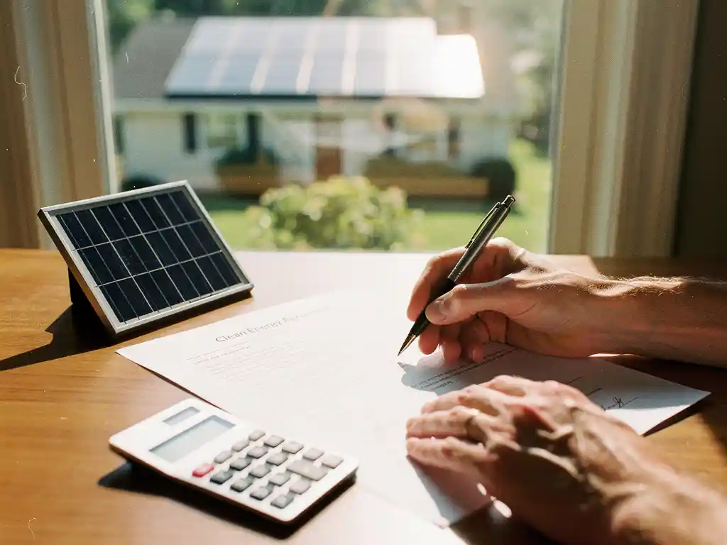 Handen van huiseigenaar ondertekenen een zonne-energiecontract, met mini-zonnepaneel en rekenmachine op bureau.
