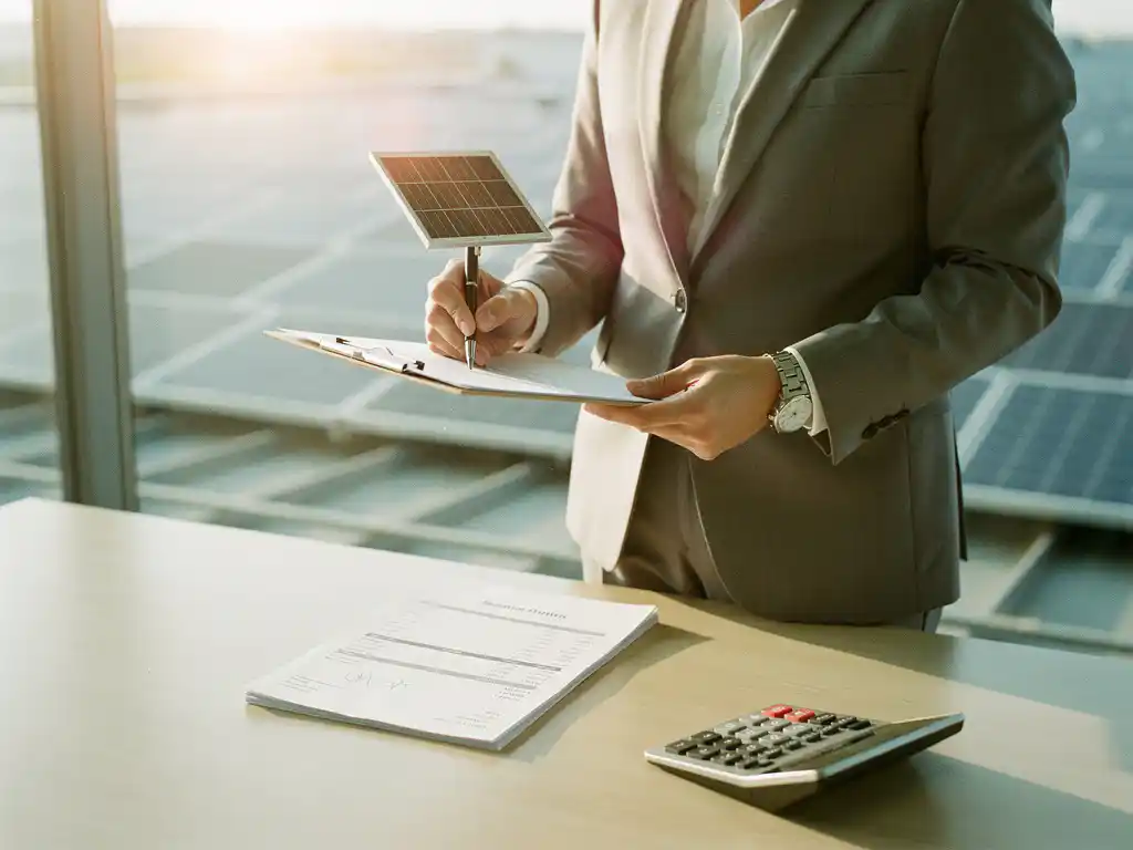 Businessprofessional tekent contract voor zonnepanelen, houdt solarpaneelmodel vast; facturen en calculator op bureau, panelen buiten.