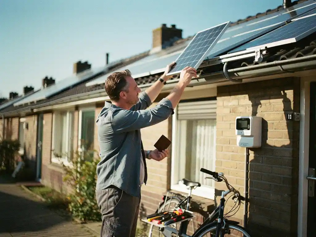 Huiseigenaar met lege portemonnee plaatst DIY-zonnepaneel op dakrek bij rijhuis met slimme meter, zonnige straat.