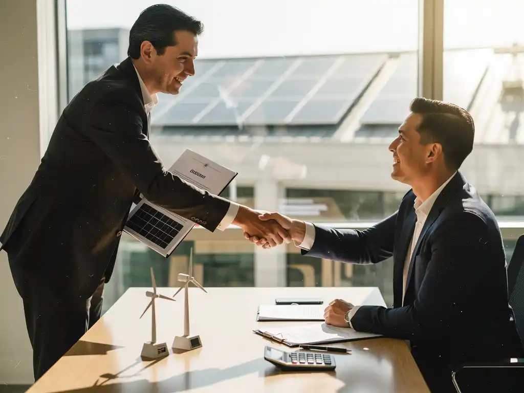 Zaakvoerder schudt hand met energieconsultant, houdt zonnepaneel en contract; windturbine, rekenmachine, zonnepanelen buiten.