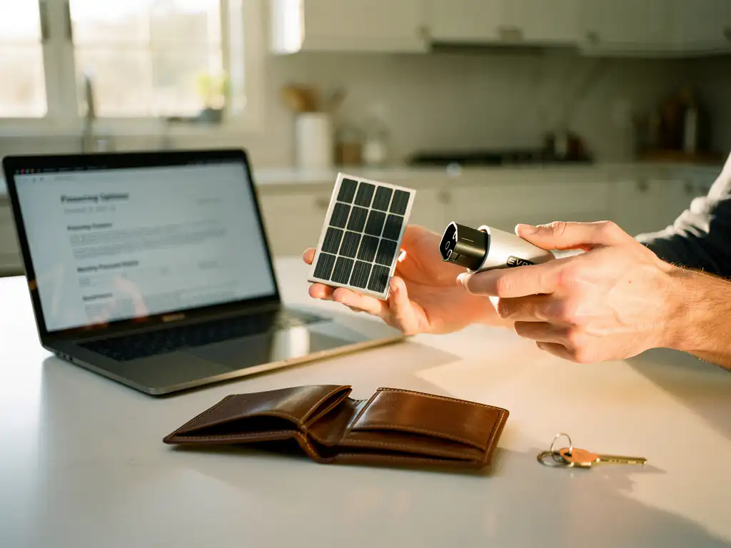 Handen met zonnepaneelmodel en EV-laadstekker boven een lege portefeuille, laptop met financieringsdocument op keukentafel