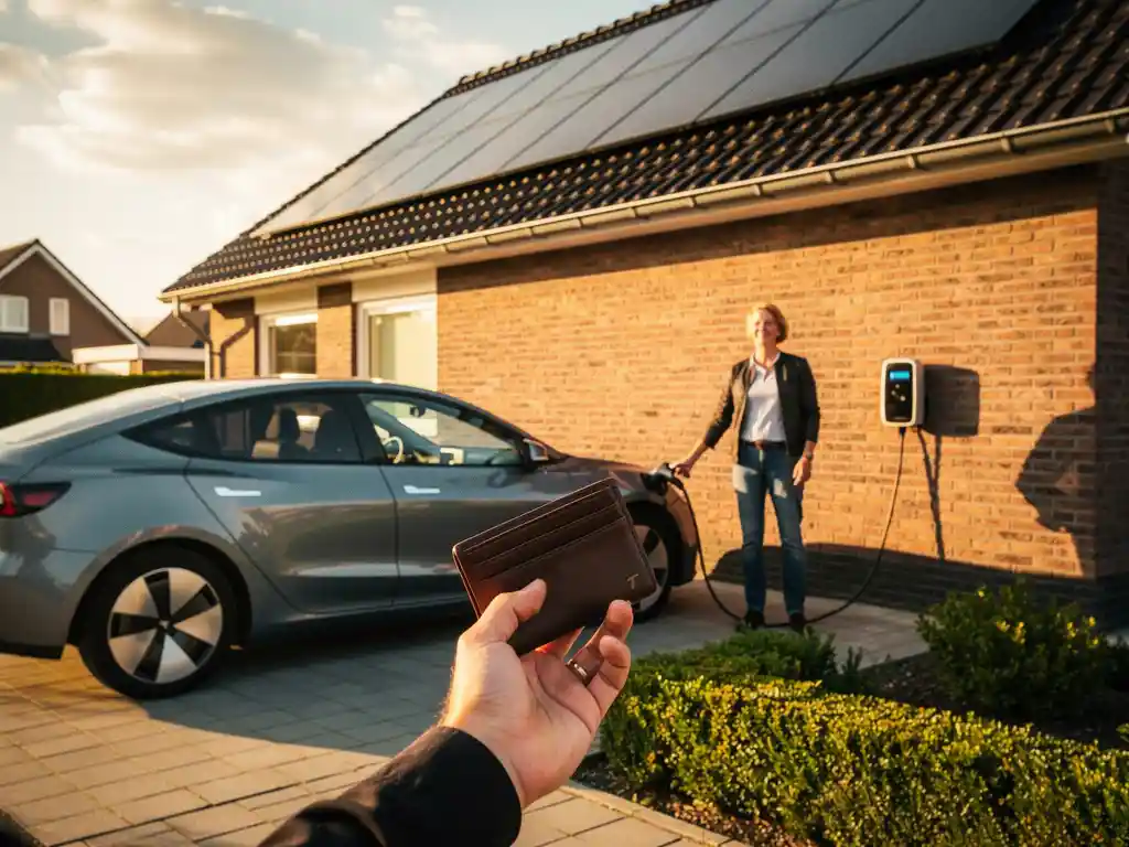 Nederlandse huiseigenaar laadt EV bij moderne woning met zonnepanelen, toont lege portemonnee voor 0€ voorafbetaling