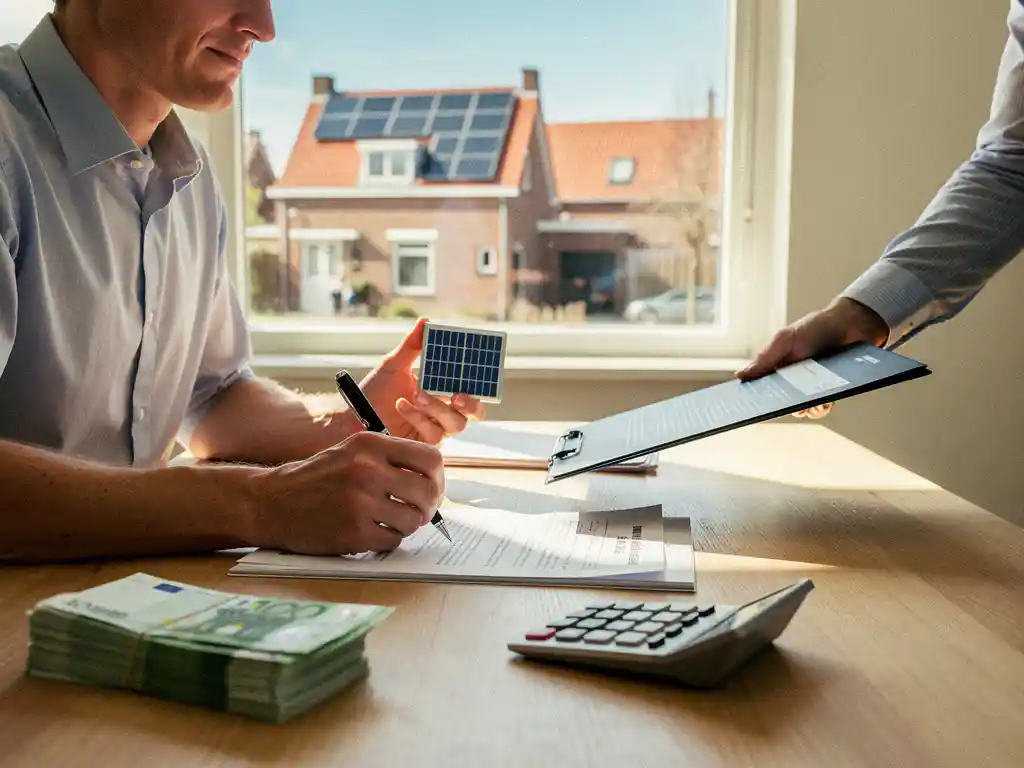 Huiseigenaar tekent financieringscontract voor zonnepanelen, houdt paneelstaal vast; euro’s en rekenmachine op tafel.