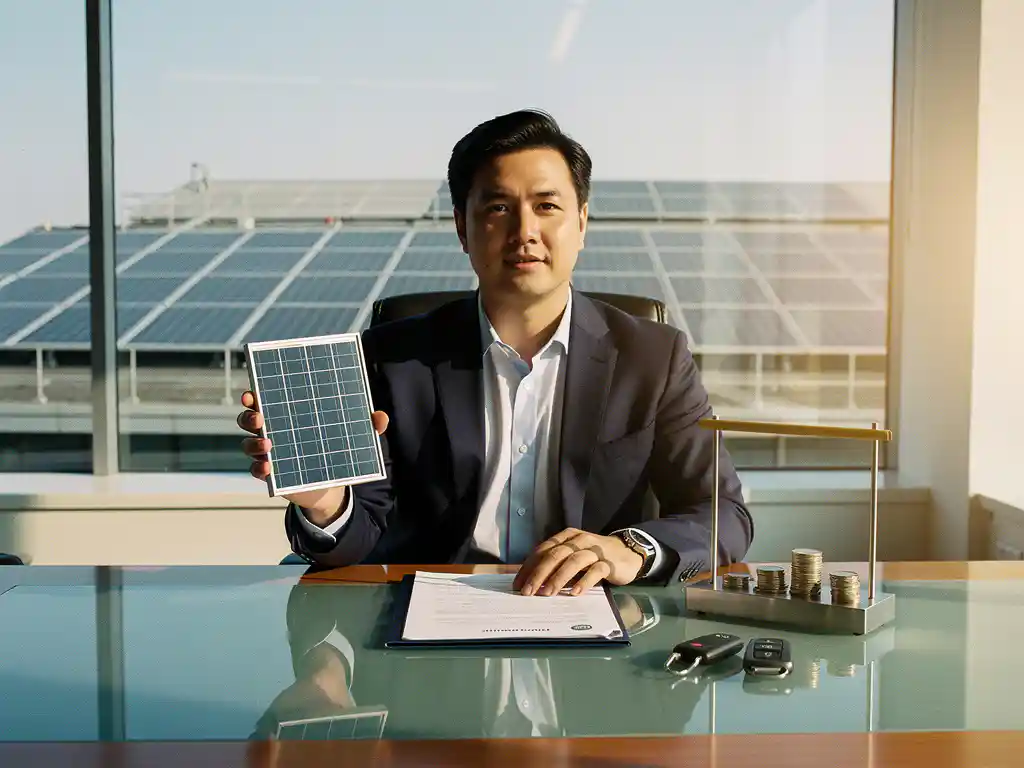 Zakelijke manager met zonnepaneelmodel en contractmap voor zonne-energie financiering, kantoor met zonnepanelen op dak buiten.