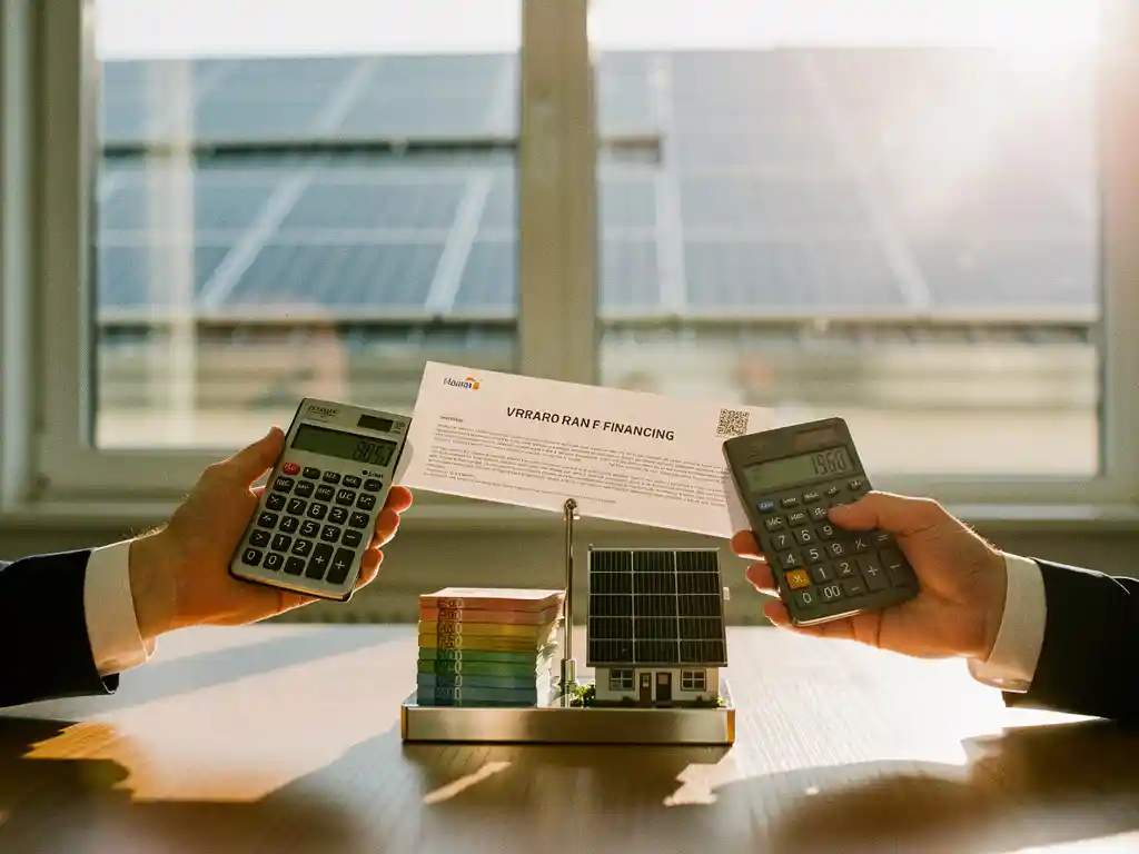 Handen van zaakvoerder met contract en rekenmachine; weegschaal vergelijkt euro’s met zonnepaneel, kantoor met dakpanelen.