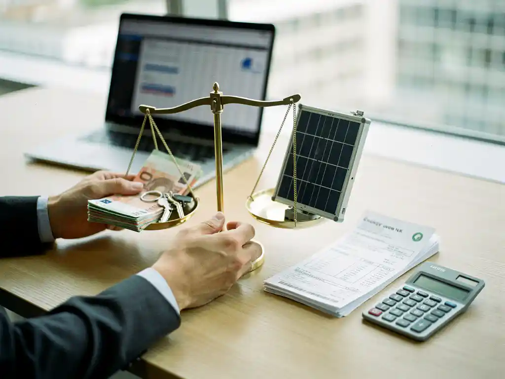 Handen van ondernemer balanceren weegschaal met euro’s en sleutel vs zonnepaneel, energiefacturen en rekenmachine op bureau